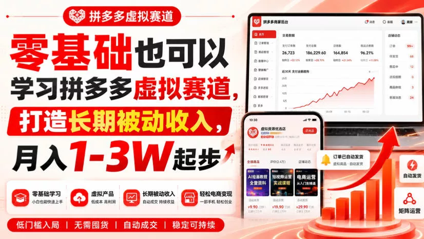 零基础也可以学习拼多多虚拟赛道，打造长期被动收入，月入1-3W起步网创项目-知识付费-在线课程-自媒体创业-网络副业-优利资源优利资源网
