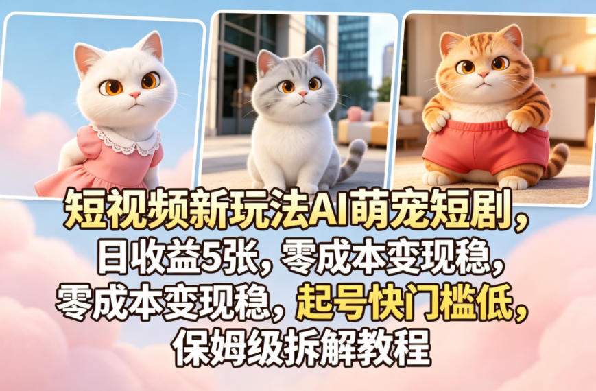 短视频新玩法AI萌宠短剧，日收益5张，零成本变现稳，起号快门槛低，保姆级拆解教程网创项目-知识付费-在线课程-自媒体创业-网络副业-优利资源优利资源网