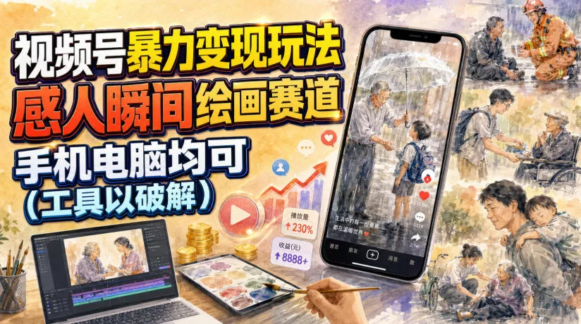 视频号暴力变现玩法，感人瞬间绘画赛道，手机电脑均可网创项目-知识付费-在线课程-自媒体创业-网络副业-优利资源优利资源网