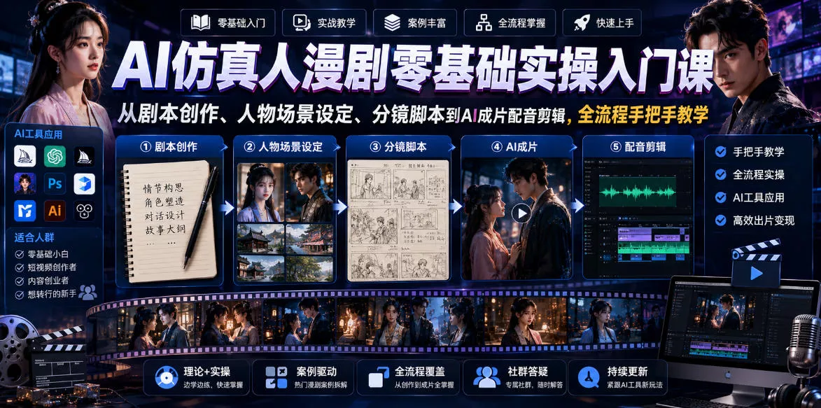 AI仿真人漫剧零基础实操入门课，从剧本创作、人物场景设定、分镜脚本到AI成片配音剪辑，全流程手把手教学网创项目-知识付费-在线课程-自媒体创业-网络副业-优利资源优利资源网