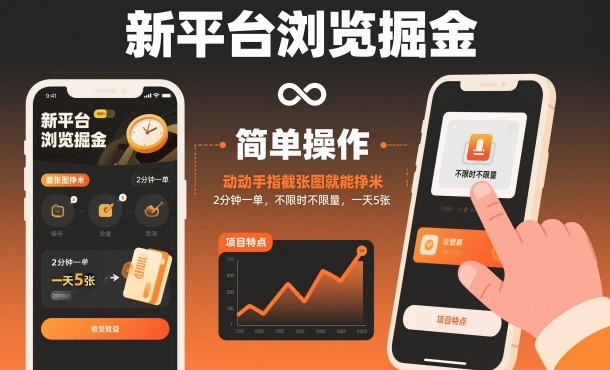 新平台浏览掘金，动动手指截张图就能挣米，2分钟一单，不限时不限量，一天5张【揭秘】网创项目-知识付费-在线课程-自媒体创业-网络副业-优利资源优利资源网