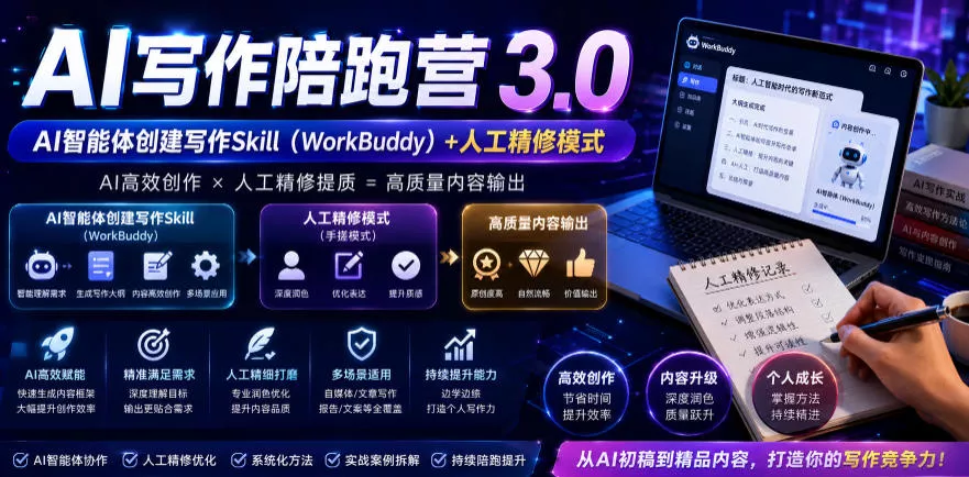 AI写作陪跑营3.0,Ai智能体创建写作skill(workbuddy)+人工手写模式(手搓模式),去除AI痕迹(头条号、公众号、百家号)(更新0814) AI写作陪跑营3.0,Ai智能体创建写作skill(workbuddy)+人工手写模式(手搓模式),去除AI痕迹(头条号、公众号、百家号)(更新0814)