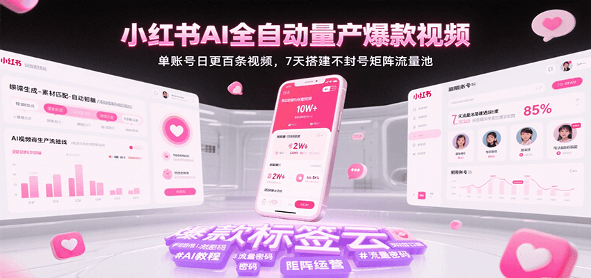 小红书AI全自动量产爆款视频，单账号日更百条视频，7天搭建不封号矩阵流量池网创项目-知识付费-在线课程-自媒体创业-网络副业-优利资源优利资源网