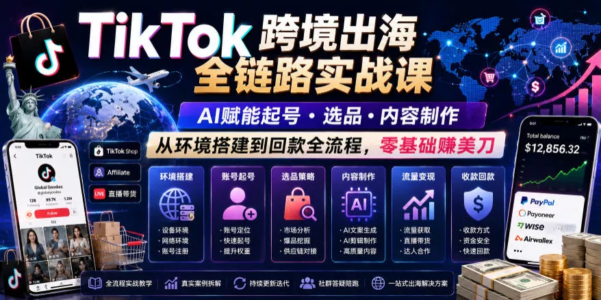 TikTok跨境出海全链路实战课，AI赋能起号・选品・内容制作，从环境搭建到回款全流程，零基础賺美刀网创项目-知识付费-在线课程-自媒体创业-网络副业-优利资源优利资源网