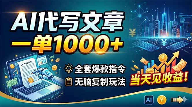 AI代写文章，一单1000+，全套爆款指令+无脑复制玩法，当天见收益！网创项目-知识付费-在线课程-自媒体创业-网络副业-优利资源优利资源网
