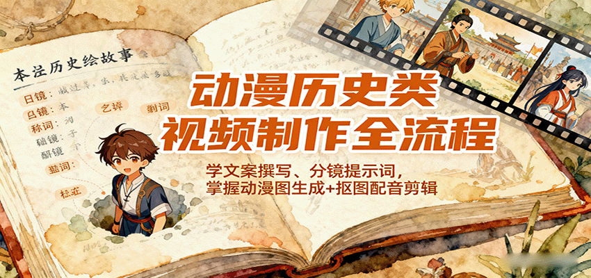 动漫历史类视频制作全流程，学文案撰写、分镜提示词，掌握动漫图生成+抠图配音剪辑网创项目-知识付费-在线课程-自媒体创业-网络副业-优利资源优利资源网