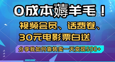 0成本薅羊毛!视频会员、话费卷、30元电影票白送，分享我如何靠转卖一天变现5张+【揭秘】网创项目-知识付费-在线课程-自媒体创业-网络副业-优利资源优利资源网