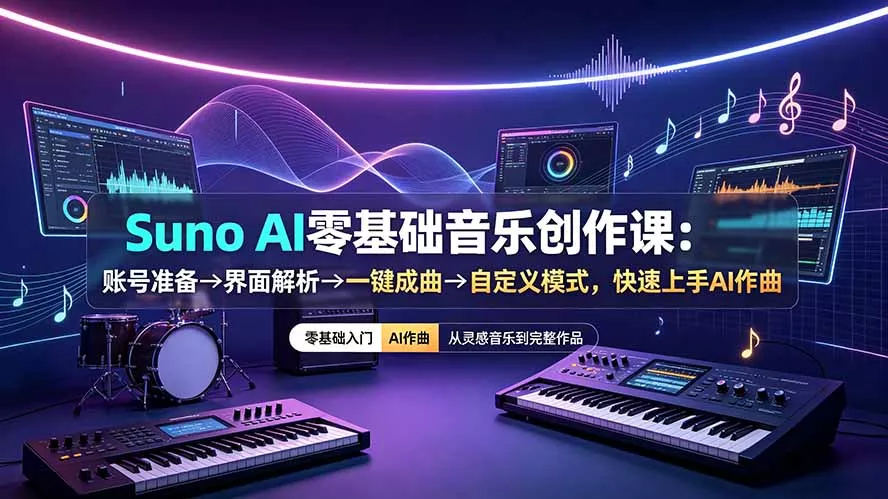 Suno AI零基础音乐创作课：账号准备→界面解析→一键成曲→自定义模式，快速上手AI作曲网创项目-知识付费-在线课程-自媒体创业-网络副业-优利资源优利资源网