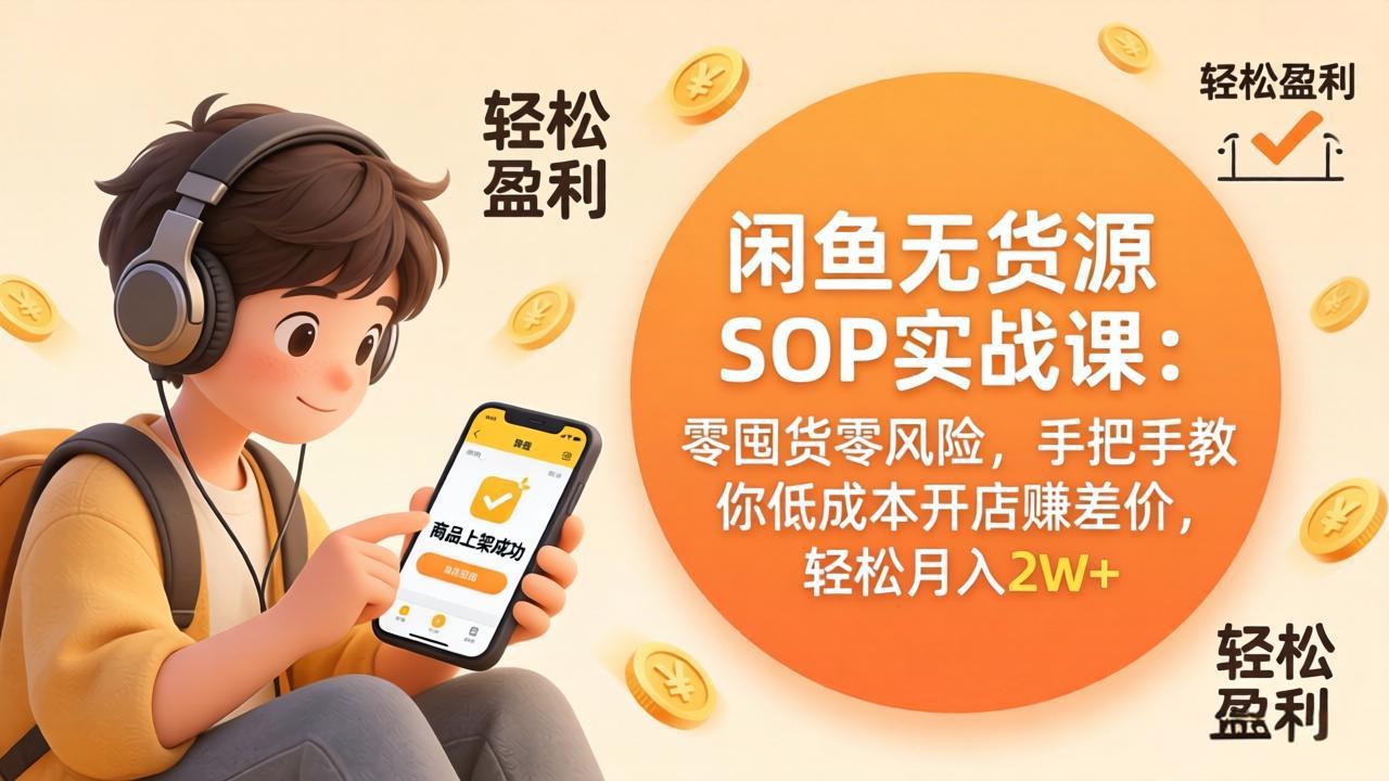 闲鱼无货源SOP实战课：零囤货零风险，手把手教你低成本开店赚差价，轻松月入2w+网创项目-知识付费-在线课程-自媒体创业-网络副业-优利资源优利资源网