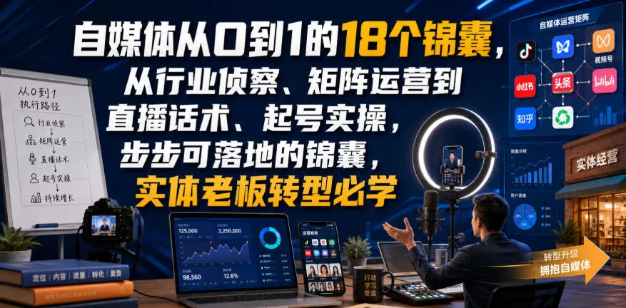 自媒体从0到1的18个锦囊，从行业侦察、矩阵运营到直播话术、起号实操，步步可落地的锦囊，实体老板转型必学网创项目-知识付费-在线课程-自媒体创业-网络副业-优利资源优利资源网