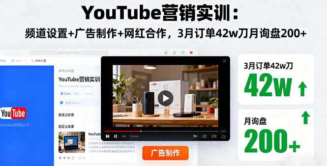YouTube营销实训：频道设置+广告制作+网红合作，3月订单42w刀月询盘200+网创项目-知识付费-在线课程-自媒体创业-网络副业-优利资源优利资源网