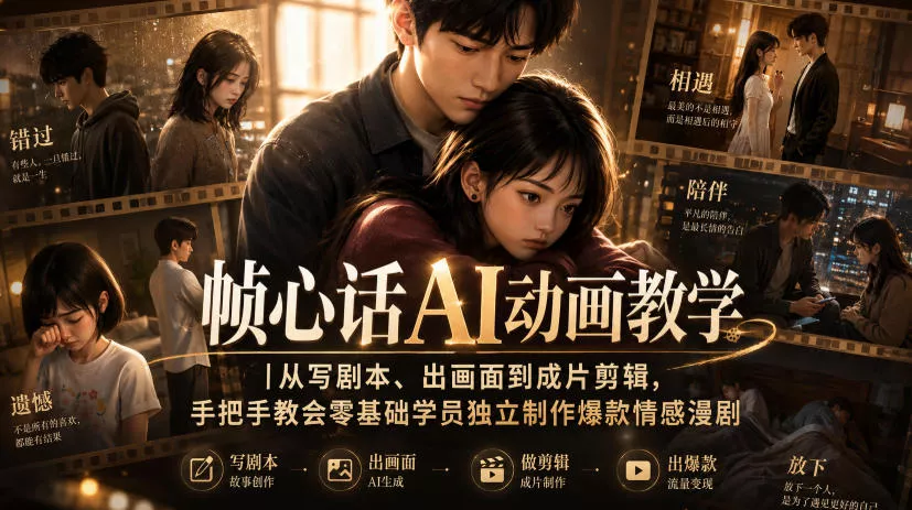 帧心话AI动画教学｜从写剧本、出画面到成片剪辑，手把手教会零基础学员独立制作爆款情感漫剧网创项目-知识付费-在线课程-自媒体创业-网络副业-优利资源优利资源网