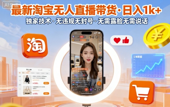 最新淘宝无人直播带货，日入1k+，独家技术，无违规无封号，无需露脸无需说话【揭秘】网创项目-知识付费-在线课程-自媒体创业-网络副业-优利资源优利资源网