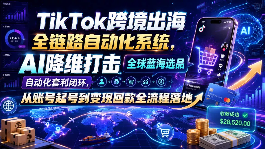 TikTok跨境出海全链路自动化系统，AI降维打击全球蓝海选品自动化套利闭环，从账号起号到变现回款全流程落地(2026年7月)网创项目-知识付费-在线课程-自媒体创业-网络副业-优利资源优利资源网