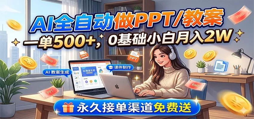 AI全自动做PPT/教案，一单500+，0基础小白月入2W，永久接单渠道免费送网创项目-知识付费-在线课程-自媒体创业-网络副业-优利资源优利资源网