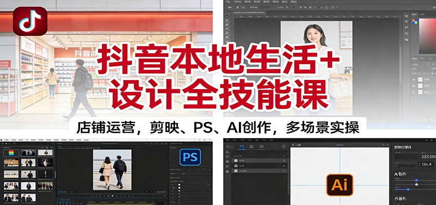 抖音本地生活+设计全技能课：店铺运营，剪映、PS、AI创作，多场景实操网创项目-知识付费-在线课程-自媒体创业-网络副业-优利资源优利资源网