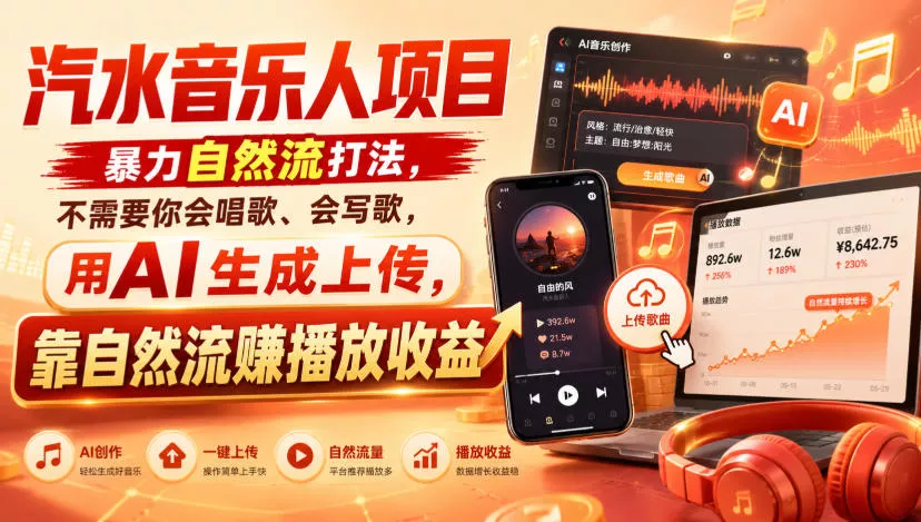 汽水音乐人项目,暴力自然流打法,不需要你会唱歌、会写歌,用AI生成上传,靠自然流賺播放收益 汽水音乐人项目,暴力自然流打法,不需要你会唱歌、会写歌,用AI生成上传,靠自然流賺播放收益