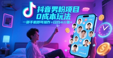 抖音男粉项目0成本玩法，一部手机即可操作，日均4张+，时间自由网创项目-知识付费-在线课程-自媒体创业-网络副业-优利资源优利资源网