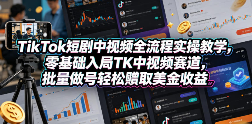 TikTok短剧中视频全流程实操教学，零基础入局TK中视频赛道，批量做号轻松賺取美金收益网创项目-知识付费-在线课程-自媒体创业-网络副业-优利资源优利资源网