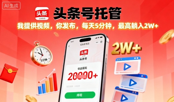 【头条号托管】我提供视频，你发布，每天5分钟，最高躺入2W+【揭秘】网创项目-知识付费-在线课程-自媒体创业-网络副业-优利资源优利资源网