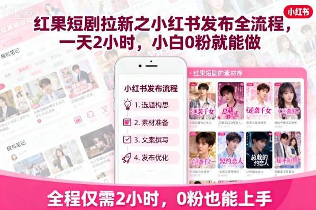 红果短剧拉新之小红书发布全流程，一天2小时，小白0粉就能做网创项目-知识付费-在线课程-自媒体创业-网络副业-优利资源优利资源网