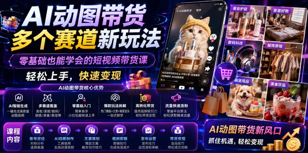 AI动图带货多个赛道新玩法，零基础也能学会的短视频带货课，轻松上手，快速变现网创项目-知识付费-在线课程-自媒体创业-网络副业-优利资源优利资源网