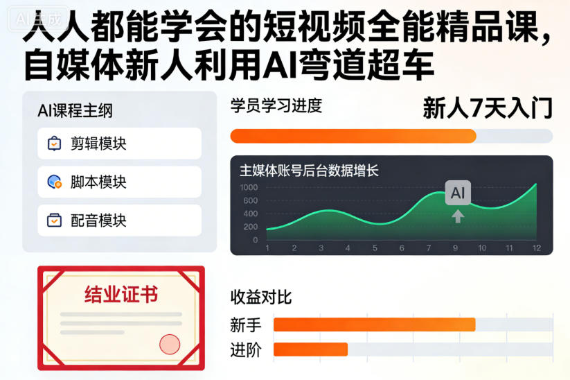 人人都能学会的短视频全能精品课，自媒体新人利用AI弯道超车网创项目-知识付费-在线课程-自媒体创业-网络副业-优利资源优利资源网