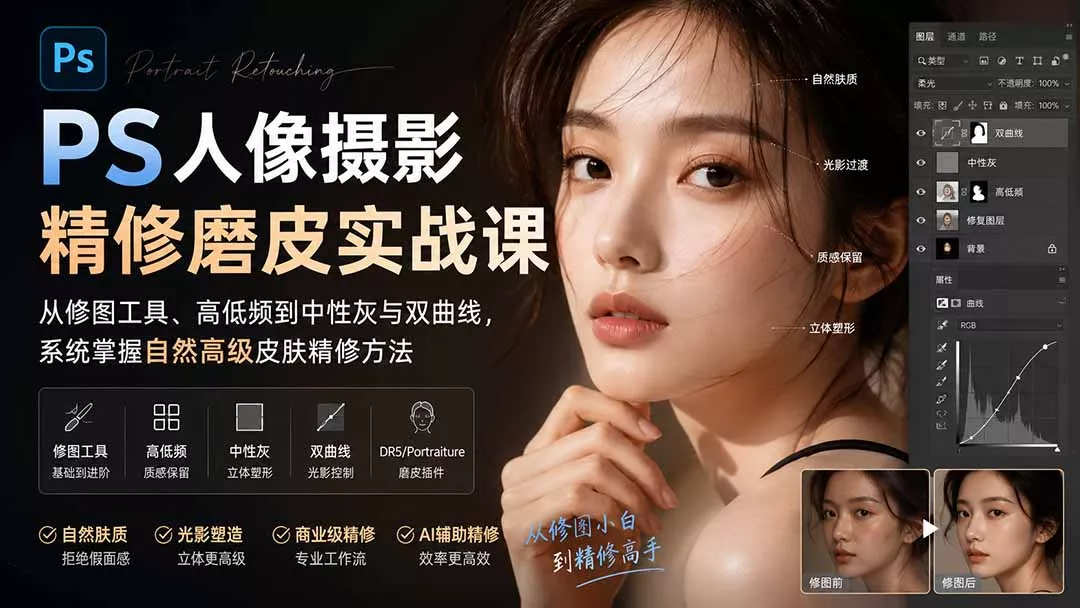 PS人像摄影精修磨皮实战课：从修图工具、高低频到中性灰与双曲线，系统掌握自然高级皮肤精修方法网创项目-知识付费-在线课程-自媒体创业-网络副业-优利资源优利资源网