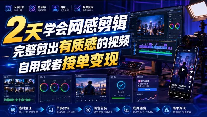 2天学会网感剪辑，完整剪出有质感的视频，自用或者接单变现网创项目-知识付费-在线课程-自媒体创业-网络副业-优利资源优利资源网