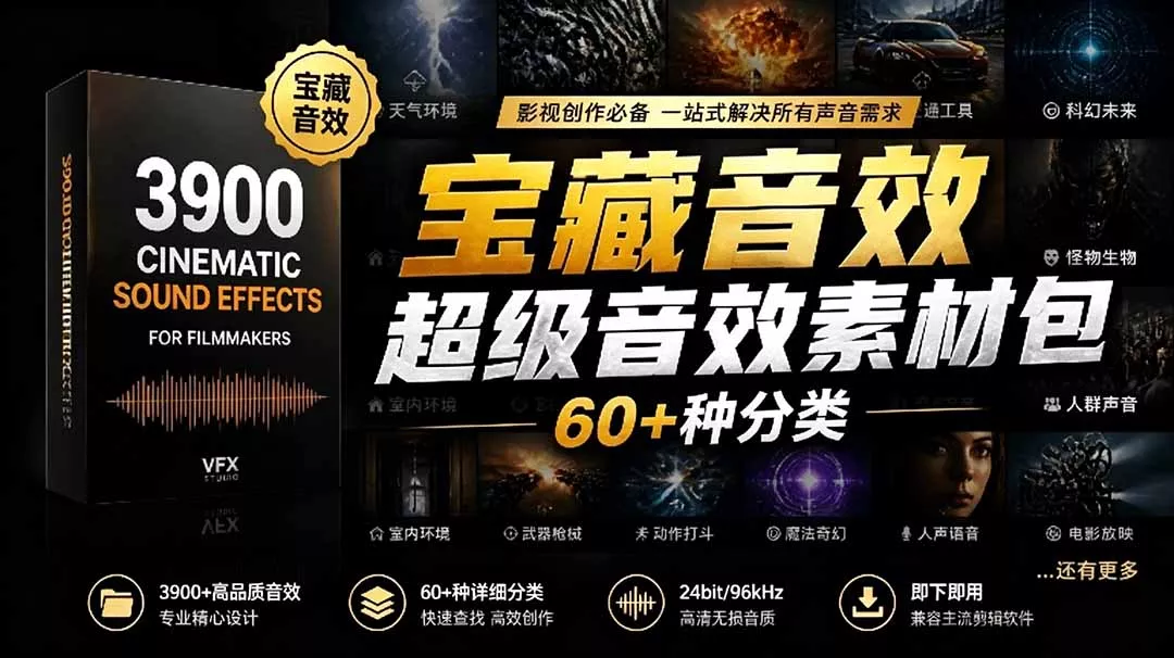 宝藏音效合集包！60+多种音效分类，共计3900个，分类清晰，全中文分类，高品质剪辑音效素材包网创项目-知识付费-在线课程-自媒体创业-网络副业-优利资源优利资源网