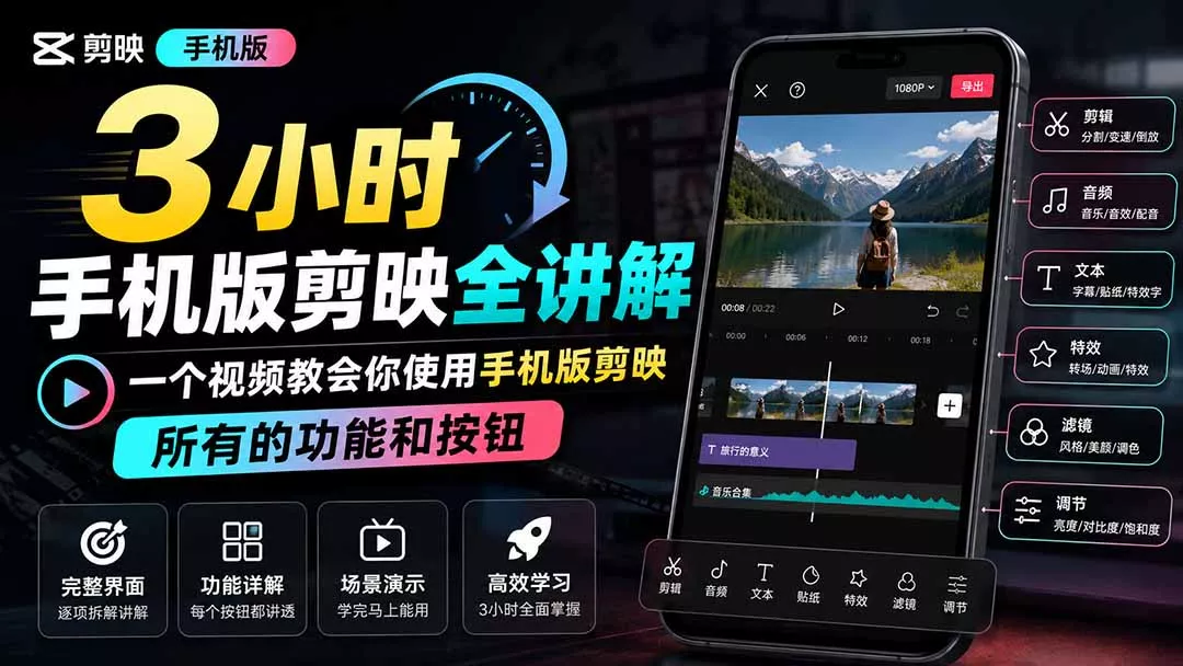3小时手机版剪映全讲解，一个视频教会你使用手机版剪映，所有的功能和按钮网创项目-知识付费-在线课程-自媒体创业-网络副业-优利资源优利资源网