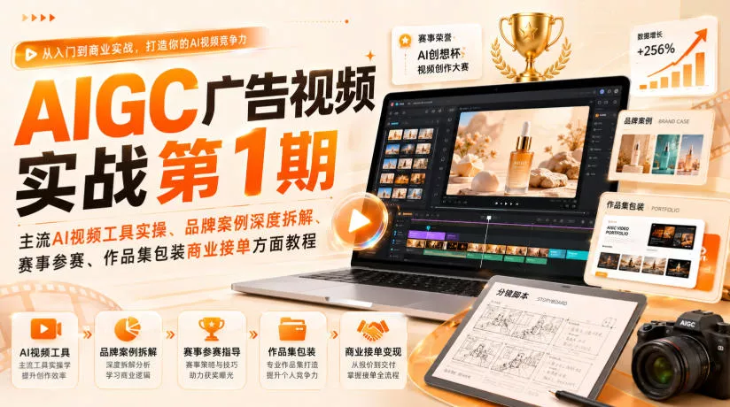 AIGC广告视频实战第1期，主流AI视频工具实操、品牌案例深度拆解、赛事参赛、作品集包装商业接单方面教程网创项目-知识付费-在线课程-自媒体创业-网络副业-优利资源优利资源网
