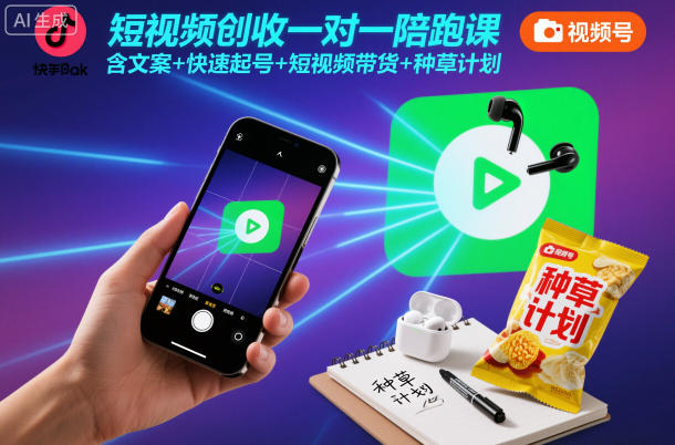 短视频创收一对一陪跑课，含文案+快速起号+短视频带货+种草计划网创项目-知识付费-在线课程-自媒体创业-网络副业-优利资源优利资源网