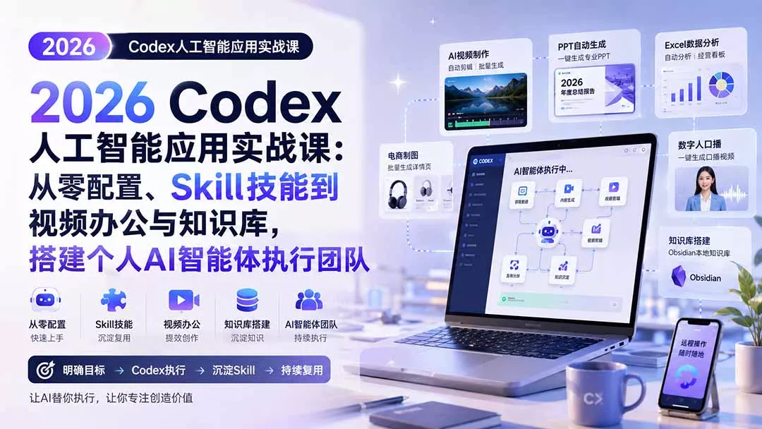 2026 Codex人工智能应用实战课：从零配置、Skill技能到视频办公与知识库，搭建个人AI智能体执行团队网创项目-知识付费-在线课程-自媒体创业-网络副业-优利资源优利资源网