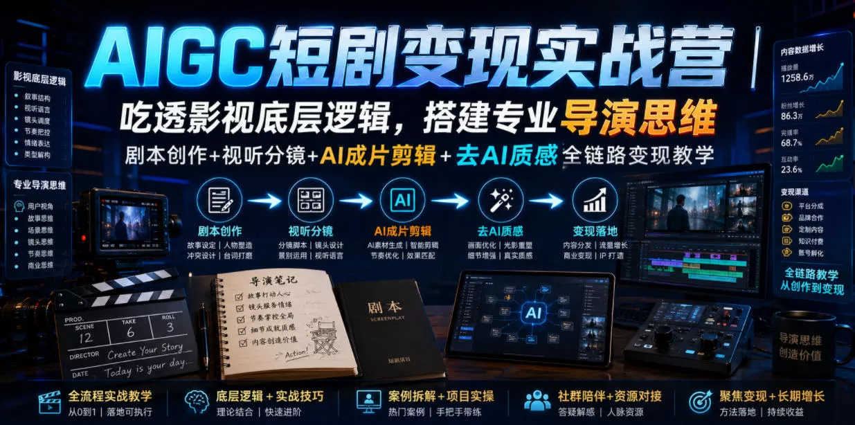 AIGC短剧变现实战营｜吃透影视底层逻辑，搭建专业导演思维，剧本创作+视听分镜+AI成片剪辑+去AI质感全链路变现教学网创项目-知识付费-在线课程-自媒体创业-网络副业-优利资源优利资源网
