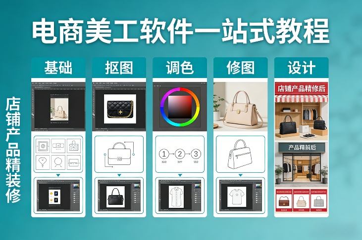 电商美工软件一站式教程，基础/抠图/调色/修图/设计，店铺产品精装修网创项目-知识付费-在线课程-自媒体创业-网络副业-优利资源优利资源网