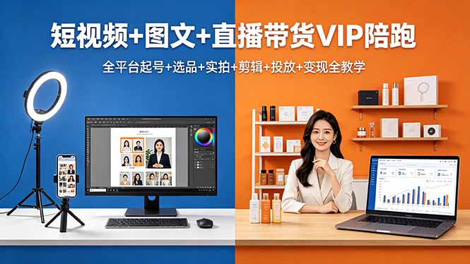 短视频+图文+直播带货VIP陪跑，全平台起号+选品+实拍+剪辑+投放+变现全教学网创项目-知识付费-在线课程-自媒体创业-网络副业-优利资源优利资源网
