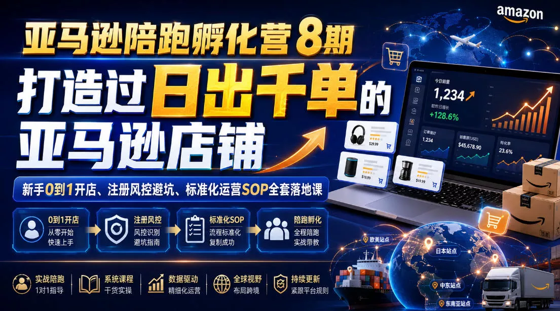 亚马逊陪跑孵化营8期，打造过日出千单的亚马逊店铺，新手0到1开店、注册风控避坑、标准化运营SOP全套落地课网创项目-知识付费-在线课程-自媒体创业-网络副业-优利资源优利资源网