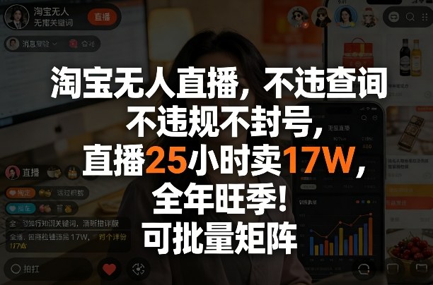 淘宝无人直播，不违规不封号，直播25小时卖17W，全年旺季！可批量矩阵【揭秘】网创项目-知识付费-在线课程-自媒体创业-网络副业-优利资源优利资源网