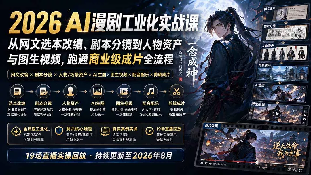 2026 AI漫剧工业化实战课-更新：从网文选本改编、剧本分镜到人物资产与图生视频，跑通商业级成片全流程网创项目-知识付费-在线课程-自媒体创业-网络副业-优利资源优利资源网
