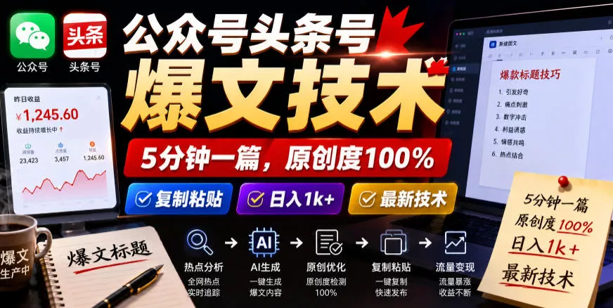 公众号头条号爆文技术，5分钟一篇，原创度100%，复制粘贴，日入1k+，最新技术【揭秘】网创项目-知识付费-在线课程-自媒体创业-网络副业-优利资源优利资源网