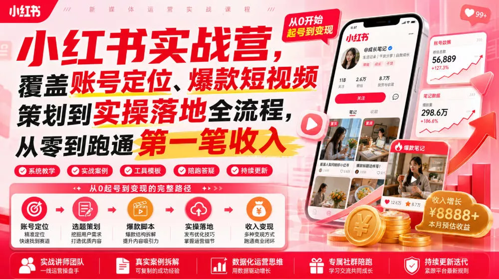 小红书实战营，覆盖账号定位、爆款短视频策划到实操落地全流程，从零到跑通第一笔收入网创项目-知识付费-在线课程-自媒体创业-网络副业-优利资源优利资源网