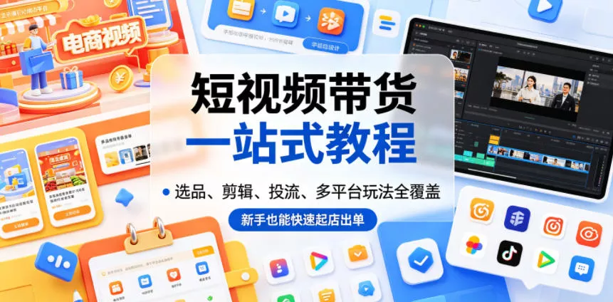 短视频带货一站式教程，选品、剪辑、投流、多平台玩法全覆盖，新手也能快速起店出单网创项目-知识付费-在线课程-自媒体创业-网络副业-优利资源优利资源网