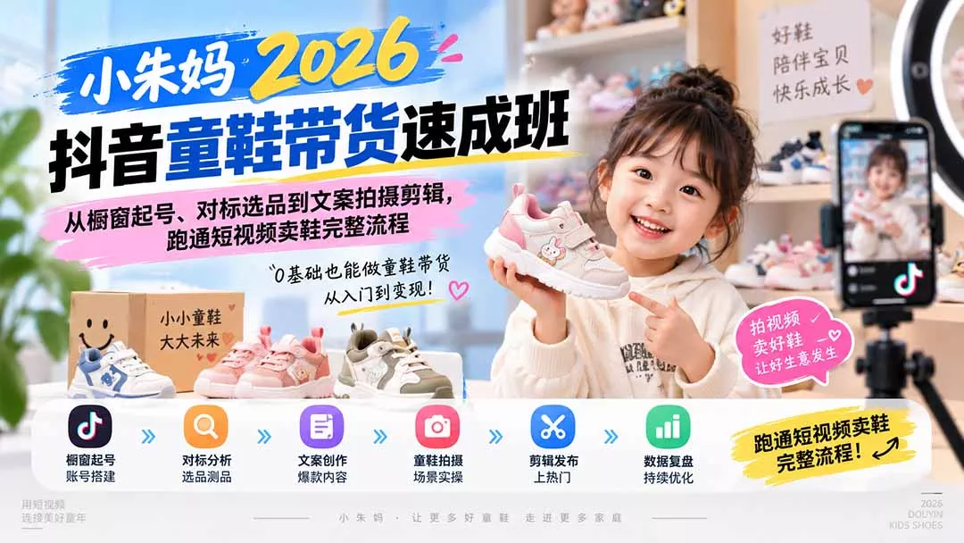 小朱妈2026抖音童鞋带货速成班：从橱窗起号、对标选品到文案拍摄剪辑，跑通短视频卖鞋完整流程网创项目-知识付费-在线课程-自媒体创业-网络副业-优利资源优利资源网