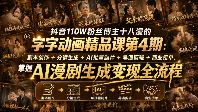 抖音110W粉丝博主十八漫的字字动画精品课第4期：剧本创作+分镜生成+剪辑+商业接单，掌握AI漫剧生成变现全流程网创项目-知识付费-在线课程-自媒体创业-网络副业-优利资源优利资源网