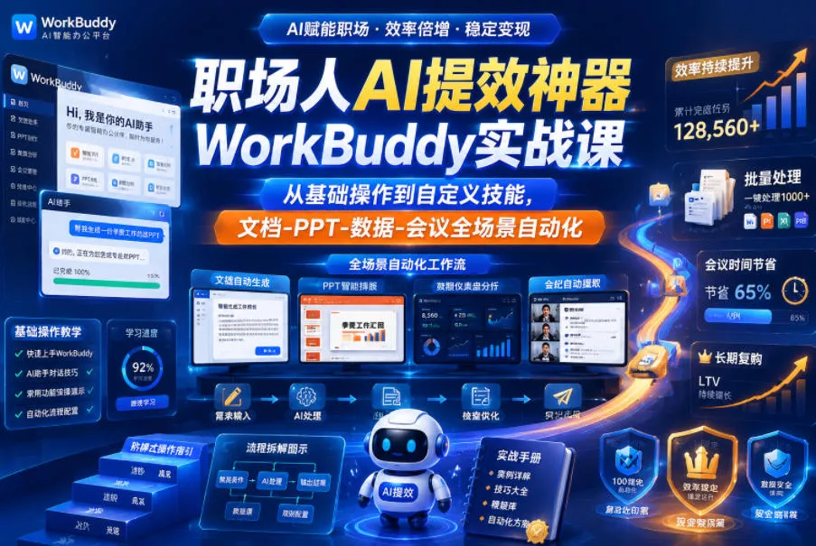 职场人AI提效神器WorkBuddy实战课，从基础操作到自定义技能，文档-PPT-数据-会议全场景自动化网创项目-知识付费-在线课程-自媒体创业-网络副业-优利资源优利资源网
