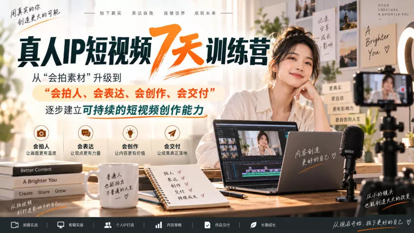 真人IP短视频7天训练营，从“会拍素材”升级到“会拍人、会表达、会创作、会交付”，逐步建立可持续的短视频创作能力网创项目-知识付费-在线课程-自媒体创业-网络副业-优利资源优利资源网