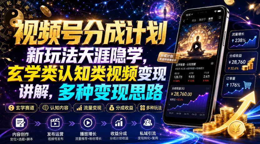 视频号分成计划新玩法天涯隐学，玄学类认知类视频变现讲解，多种变现思路网创项目-知识付费-在线课程-自媒体创业-网络副业-优利资源优利资源网