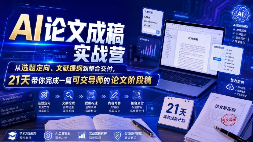 AI论文成稿实战营，从选题定向、文献提纲到整合交付，21天带你完成一篇可交导师的论文阶段稿网创项目-知识付费-在线课程-自媒体创业-网络副业-优利资源优利资源网