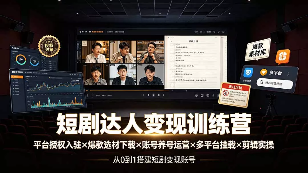 短剧达人变现训练营：平台授权入驻×爆款选材下载×账号养号运营×多平台挂载×剪辑实操×违规处理全流程网创项目-知识付费-在线课程-自媒体创业-网络副业-优利资源优利资源网